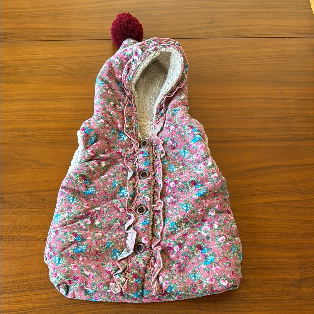 Floral Hooded Vest with Pom Pom 3T